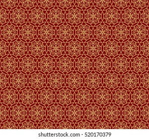 Ornamental flower design. Modern seamless geometry pattern. Gold on red. Vector illustration. For the interior design, printing, web and textile design.