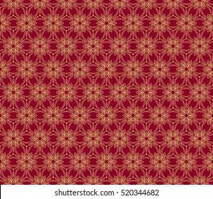 Ornamental flower design. Modern seamless geometry pattern. Gold on red. Vector illustration. For the interior design, printing, web and textile design.