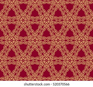 Ornamental flower design. Modern seamless geometry pattern. Gold on red. Vector illustration. For the interior design, printing, web and textile design.