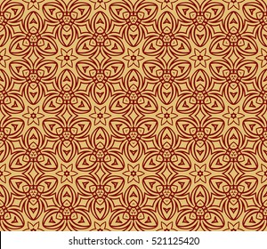 Ornamental flower design. Modern seamless geometry pattern. Gold on red. Vector illustration. For the interior design, printing, web and textile design.