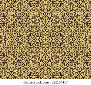 Ornamental flower design. Modern seamless geometry pattern. Black on gold. Vector illustration. For design greeting card, holiday invitation, printing, web and textile design.