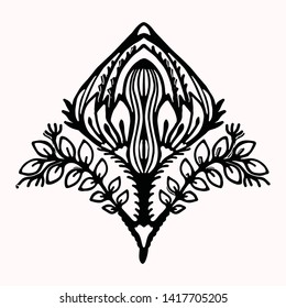 Ornamental flower folk art graphic design element. Hand drawn linocut block print style. Black folkloric flower clip art . Decorative line flourish motif outline. Arabesque nature tattoo symbol shape.