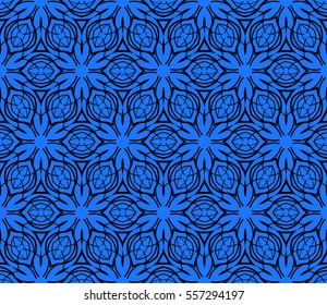 Ornamental flower lace pattern. Endless Texture. vector illustration. black on blue. for design invitation, background, wallpaper