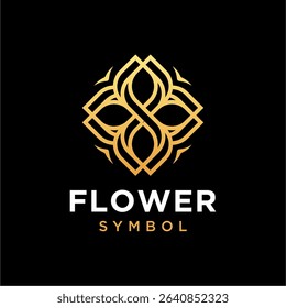 Ornamental Flower Line Art Logo. Geometric Mandala Symbol in Minimal Luxury Gold Outline Style