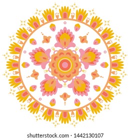 Ornamental flower mandala. Isolated vector illustration. Folk native style. Yellow and pink colors