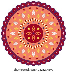 Ornamental flower mandala. Isolated vector illustration. Folk native style. Yellow and pink colors