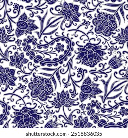 Ornamental flowers, blue and grey colors, white background. Seamless floral pattern-401.