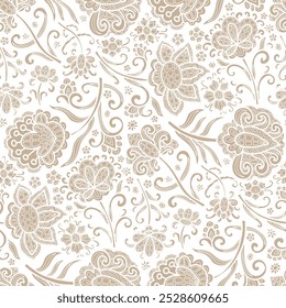 Ornamental flowers, swirl pattern, doodle, beige flowers, white background. Seamless floral pattern-431.