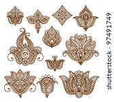 Ornamental flowers. Vector set with abstract floral elements in indian style