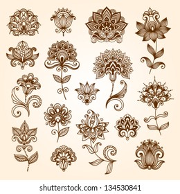 Ornamental flowers. Vector set with abstract floral elements in indian style