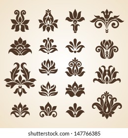 Ornamental flowers. Vector set with abstract floral elements in vintage style