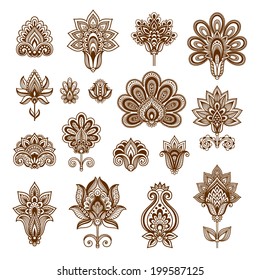 Ornamental flowers. Vector set with abstract floral elements in indian style