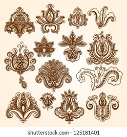 Ornamental flowers. Vector set with floral elements in vintage style. Indian mendie