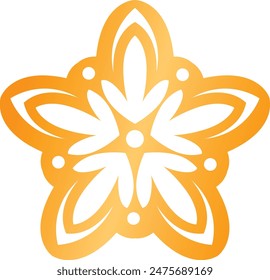 Ornamental, flowershaped, orange decorative pattern, abstract floral icon, symmetrical, intricate petal design, traditional aesthetic, art, blooming theme, vibrant style fivepointed petal contour