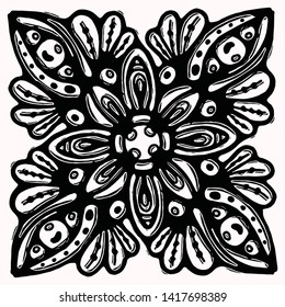 Ornamental folk art graphic design element. Hand drawn linocut block print style. Black folkloric clip art tile. Decorative line flourish motif outline. Arabesque tattoo symbol shape. Drawing sketch.