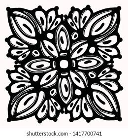 Ornamental folk art graphic design element. Hand drawn linocut block print style. Black folkloric clip art tile. Decorative line flourish motif outline. Arabesque tattoo symbol shape. Drawing sketch. 