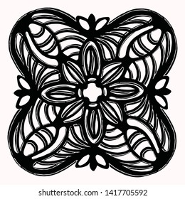 Ornamental folk art graphic design element. Hand drawn linocut block print style. Black folkloric clip art tile. Decorative line flourish motif outline. Arabesque tattoo symbol shape. Drawing sketch. 