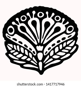 Ornamental folk art graphic design element. Hand drawn linocut block print style. Black folkloric clip art decor icon. Decorative paisley flourish motif. Arabesque tattoo symbol shape. Drawing sketch.