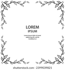 Ornamental frame of branch with foliage. Black and white pattern. Decoration and design for card, invitation, brochure. Vector art illustration on white background