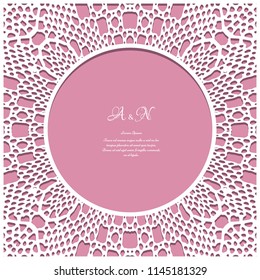 Ornamental frame with crochet lace pattern and round hole, cutout paper vector background, elegant greeting card or wedding invitation template
