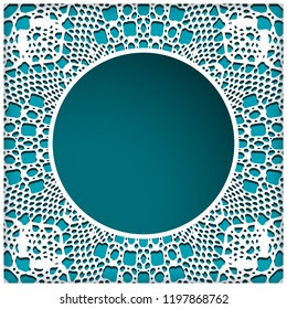 Ornamental frame with crochet lace pattern and round hole, cutout paper vector background, elegant greeting card or wedding invitation template