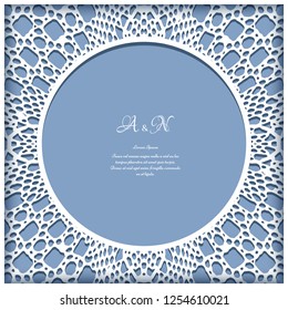 Ornamental frame with crochet lace pattern, cutout paper vector background, elegant greeting card or wedding invitation template