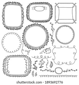 Zierrahmen-Dekorationsset. Einziger, orangefarbener Grenzzug mit Splittern und Blüten. Blumenzierdesign, Vektorgrafik