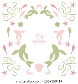 Ornamental frame of marine motifs, fish, dolphins, shells, starfish and blank space for text