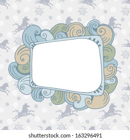 ornamental frame on blue winter background with doodle horses
