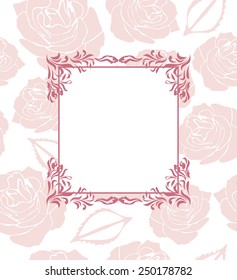 Ornamental frame on seamless background with stylized roses. Vector