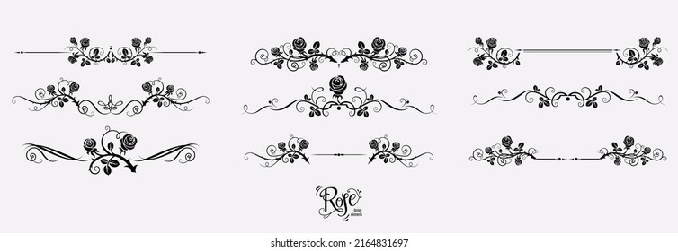 Ornamental frame with roses set. Black floral element for design banner, invitation, leaflet, card, poster and so on.