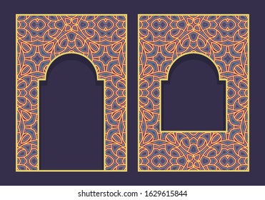 Ornamental frames in form of oriental door and window. Brochure, book or greeting card colorful cover backdrop design.