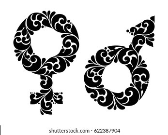 Ornamental gender vector Illustration set. Female and male symbol, icon, black design element on white background.