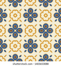 Ornamental geometric floral seamless pattern of alternating four petal flowers and geo symbols. Modern take on a vintage tiled type design. Vector. Great for textiles, wallpaper, home decor and paper.