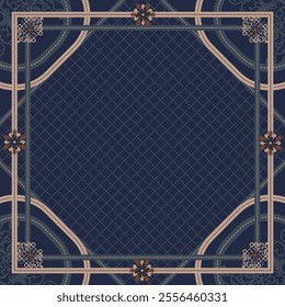 Ornamental geometric frame with intricate floral detail and decorative patterns against a deep blue background. Perfect for creating invitations, designs, or as a background element.