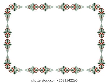 Ornamental geometric rectangle frame. Fantasy ethnic ornament of complex stars. Winter pattern in green red colors on white background, Christmas greeting card design