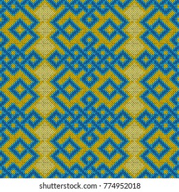 Ornamental geometric seamless knitted vector pattern in blue and yellow hues as a fabric texture