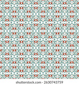 Projeto de padrão contínuo geométrico ornamental em cores de ferrugem e azul-petróleo