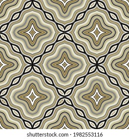 Patrón geométrico ornamental sin costuras. Textura elegante con formas florales, diamantes, octagones, tejas repetidas. Ornamento abstracto de estilo oriental. Fondo sencillo de color beige y negro
