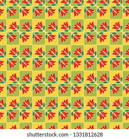 Ornamental geometric seamless vector pattern with flowers in yellow, red and green colors as a fabric texture 