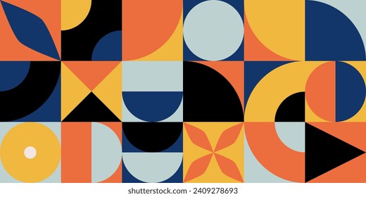 Ornamental geometry background inspired by bauhaus. Minimal design pattern, abstract mosaic. Circle, square, triangle composition 