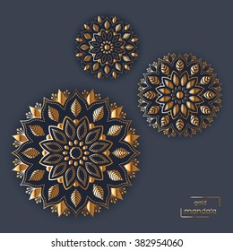 Ornamental gold card with three flower oriental mandalas on dark background. Ethnic vintage pattern. Indian, asian, arabic, islamic, ottoman motif. Vector illustration.