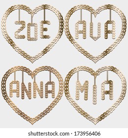 Ornamental gold colored hearts with embedded popular female names.