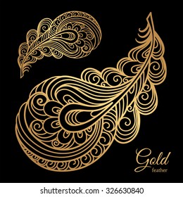 Ornamental gold feather, swirly decorative element on black, vector illustration