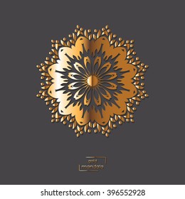 Ornamental gold flower oriental mandala on grey color background. Ethnic vintage pattern. Indian, asian, arabic, islamic, ottoman motif. Vector illustration.