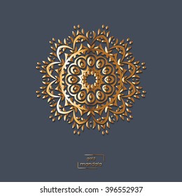 Ornamental gold flower oriental mandala on blue color background. Ethnic vintage pattern. Indian, asian, arabic, islamic, ottoman motif. Vector illustration.