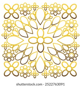Patrón de flores de oro ornamental sobre un fondo blanco.