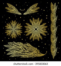 Ornamental gold set of patterns, tattoos, wings, feathers, mandala, swirly decorative element on black background, vector illustration