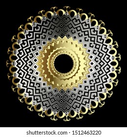 Ornamental gold silver 3d vector mandala pattern. Tribal ethnic style patterned background. Geometric greek style abstract zigzag ornament. Ornate golden decorative design. Metallic texture.