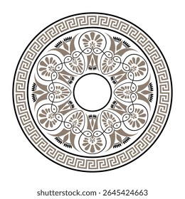 Padrão preto dourado ornamental em um fundo branco. Ornamento redondo com chave grega meandros. Padrão de chave grega. Ornamento de círculo grego. Típicos motivos egípcios, assírios, círculo na fronteira. Ilustração
